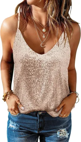 ANRABESS Womens Sequin Tank Tops Sparkle Glitter Shirts Sexy Party Shimmer Camisole Sleeveless V Neck Summer Going Out Vest