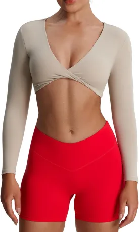 Aoxjox Long Sleeve Crop Tops for Women Sienna Twist Deep V Workout Cropped T Shirt Top
