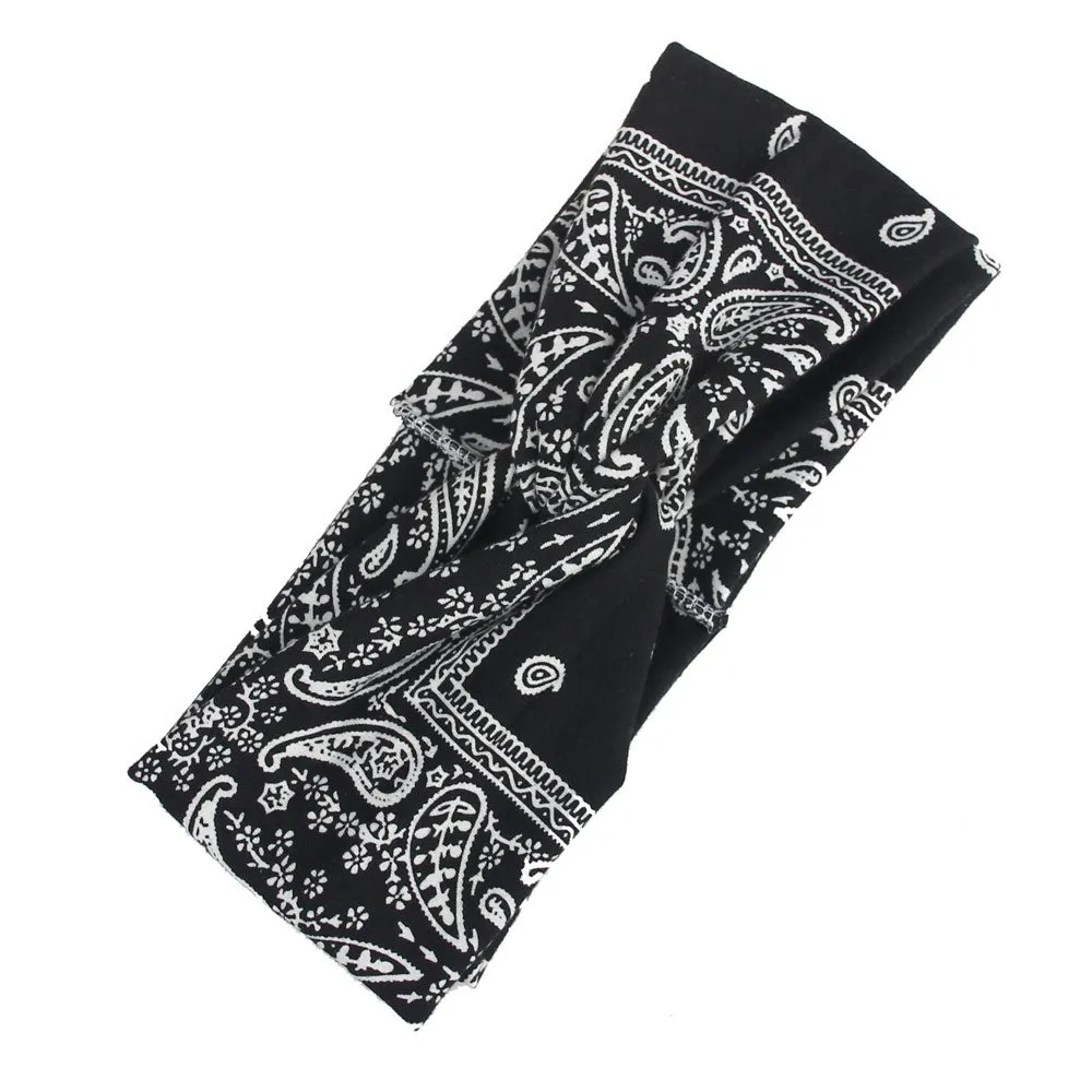 Assorted Paisley Print Wide Bandana Knot Headbands Criss Cross Head Wrap Hair Band (4 Colors Pack A)