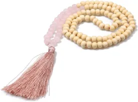 BALIBALI 8MM Semi-Precious Gem Stones Wood Mala Bead Necklace Multicolor Tassel Charms Chain Necklace Handmade Beaded Pendant Necklace for Women Men