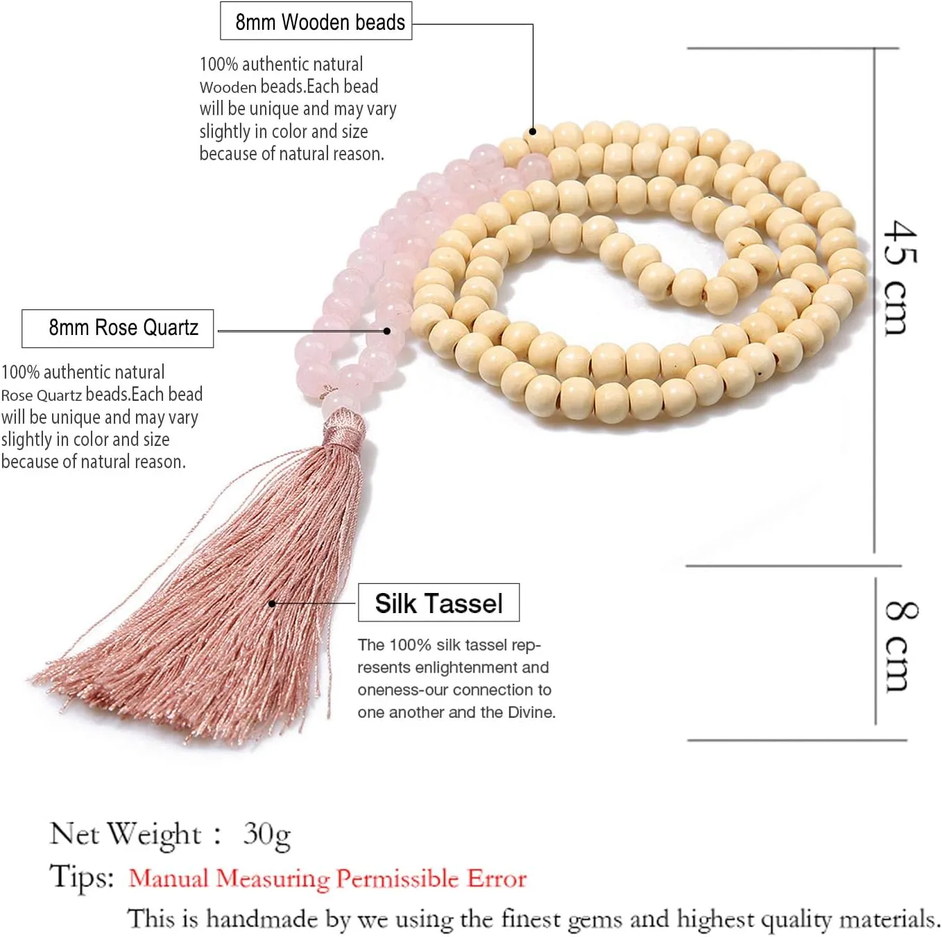 BALIBALI 8MM Semi-Precious Gem Stones Wood Mala Bead Necklace Multicolor Tassel Charms Chain Necklace Handmade Beaded Pendant Necklace for Women Men