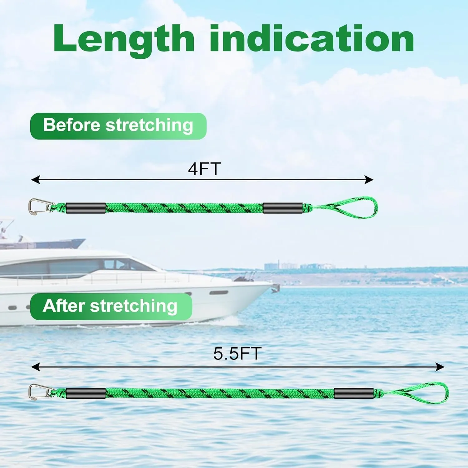 Boat Bungee Dock Lines, Mooring Rope with Stainless Steel Clip,Boat Ropes for Docking, Boat Accessories, Suit for PWC, Kayak, Jet Ski, Seadoo, WaveRunner, Pontoon, Bass Boat, 4ft (Green&Black)