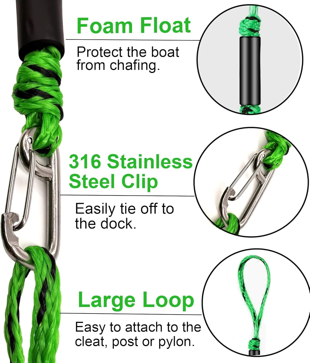 Boat Bungee Dock Lines, Mooring Rope with Stainless Steel Clip,Boat Ropes for Docking, Boat Accessories, Suit for PWC, Kayak, Jet Ski, Seadoo, WaveRunner, Pontoon, Bass Boat, 4ft (Green&Black)