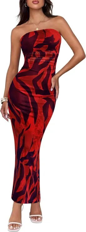 BTFBM Women's Floral Maxi Dresses Summer 2025 Strapless Tube Bodycon Mesh Layered Cocktail Party Wedding Guest Dress