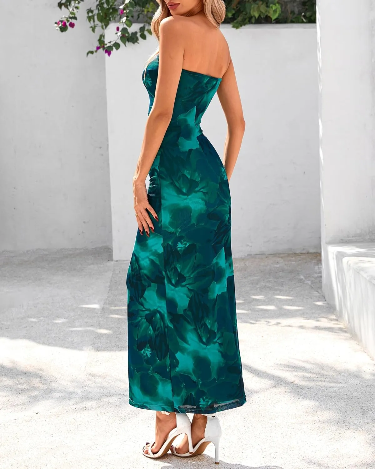 BTFBM Women's Floral Maxi Dresses Summer 2025 Strapless Tube Bodycon Mesh Layered Cocktail Party Wedding Guest Dress
