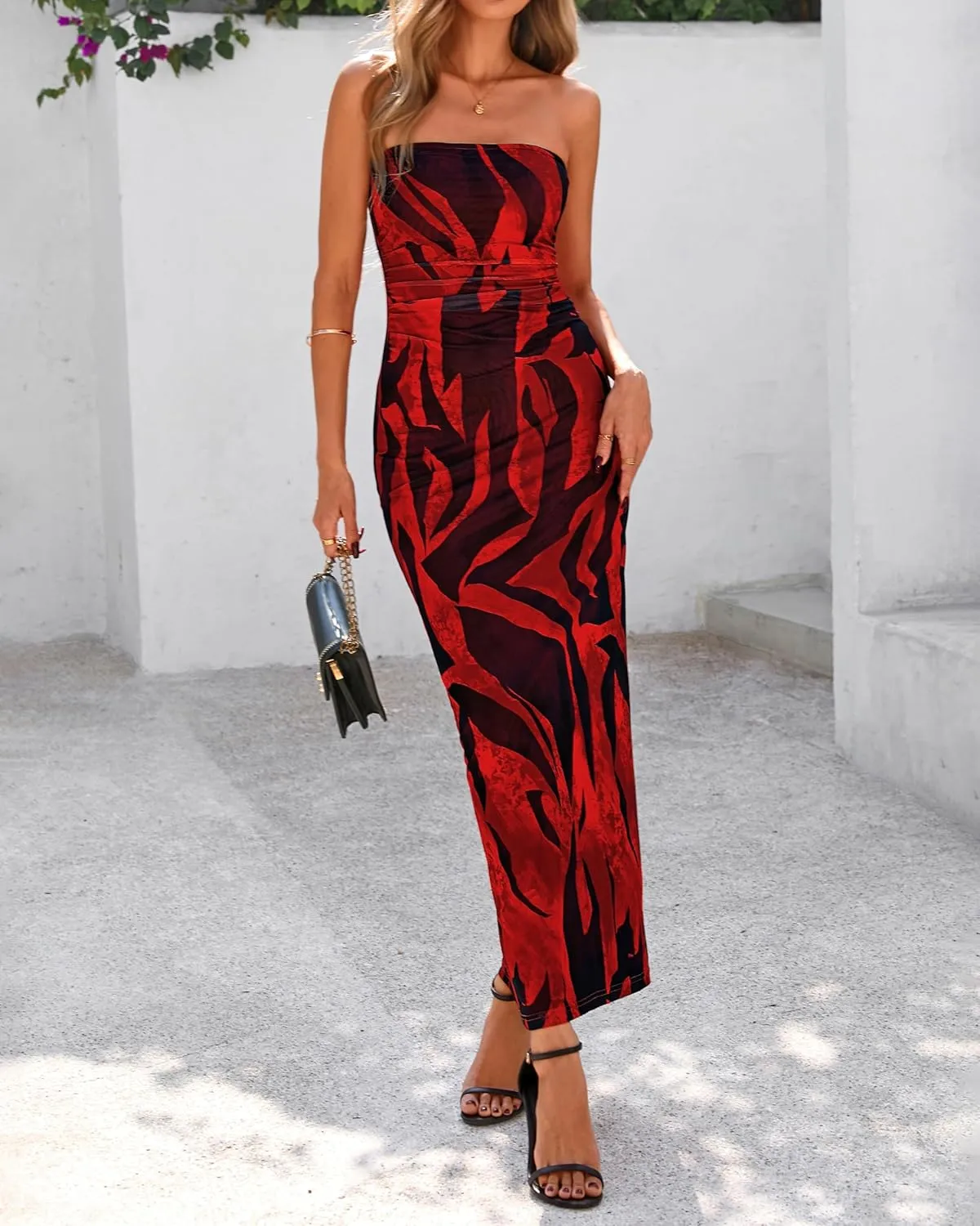 BTFBM Women's Floral Maxi Dresses Summer 2025 Strapless Tube Bodycon Mesh Layered Cocktail Party Wedding Guest Dress