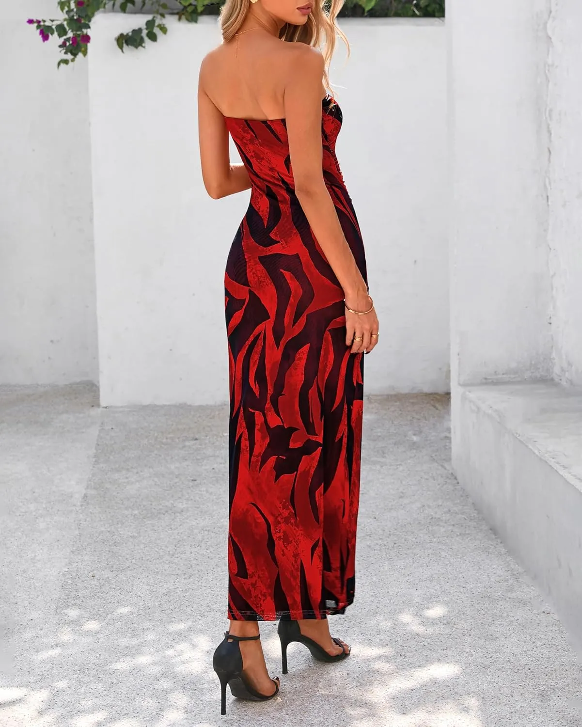 BTFBM Women's Floral Maxi Dresses Summer 2025 Strapless Tube Bodycon Mesh Layered Cocktail Party Wedding Guest Dress
