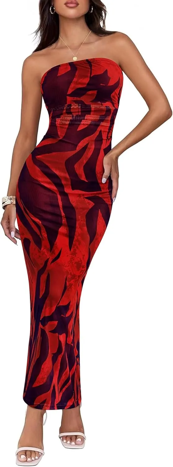 BTFBM Women's Floral Maxi Dresses Summer 2025 Strapless Tube Bodycon Mesh Layered Cocktail Party Wedding Guest Dress
