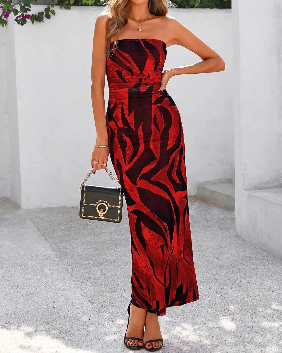 BTFBM Women's Floral Maxi Dresses Summer 2025 Strapless Tube Bodycon Mesh Layered Cocktail Party Wedding Guest Dress