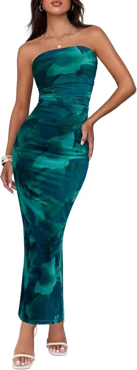 BTFBM Women's Floral Maxi Dresses Summer 2025 Strapless Tube Bodycon Mesh Layered Cocktail Party Wedding Guest Dress