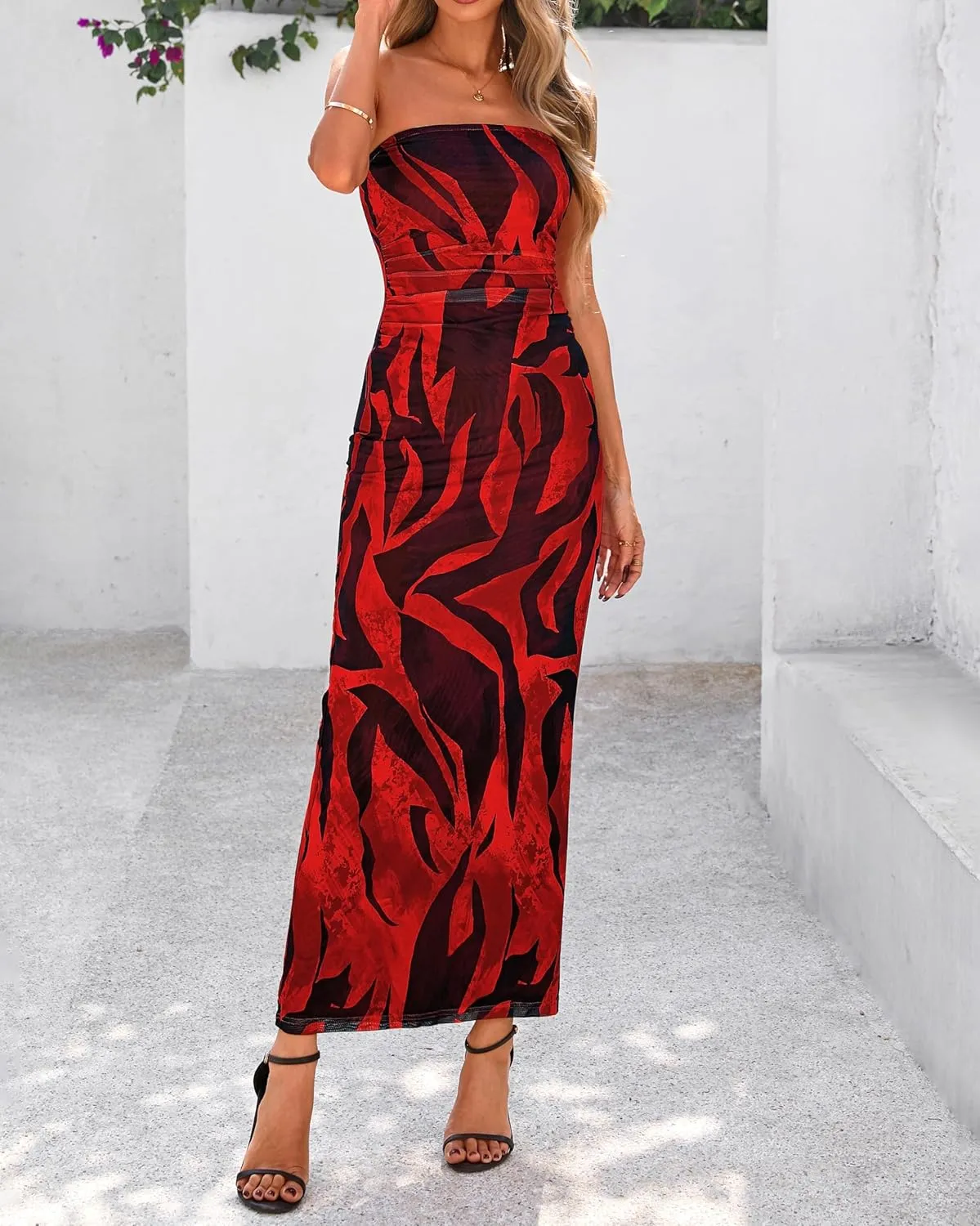 BTFBM Women's Floral Maxi Dresses Summer 2025 Strapless Tube Bodycon Mesh Layered Cocktail Party Wedding Guest Dress