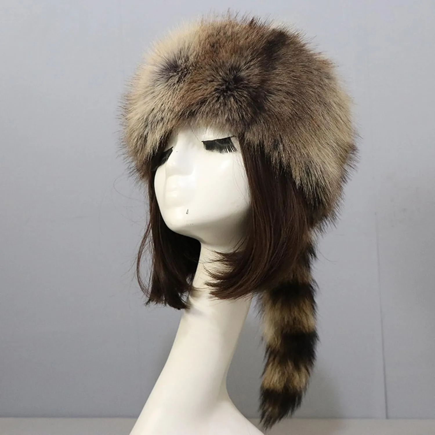 Cossack Style Faux Fur Raccoon Tail Coonskin Cap, Round Flat Top Boone Hat Raccoon Tail Hats for Winter