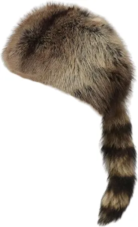Cossack Style Faux Fur Raccoon Tail Coonskin Cap, Round Flat Top Boone Hat Raccoon Tail Hats for Winter