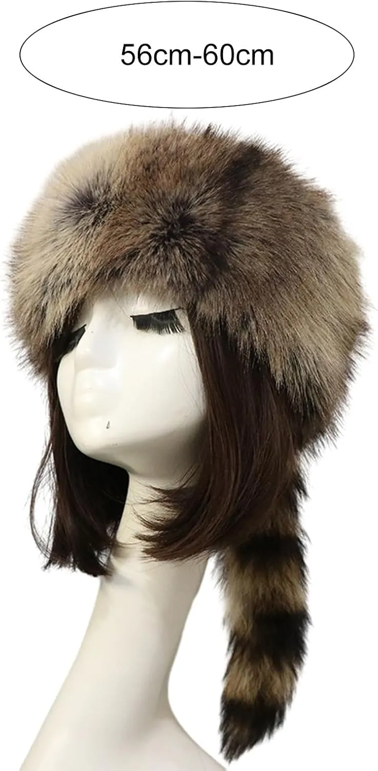 Cossack Style Faux Fur Raccoon Tail Coonskin Cap, Round Flat Top Boone Hat Raccoon Tail Hats for Winter
