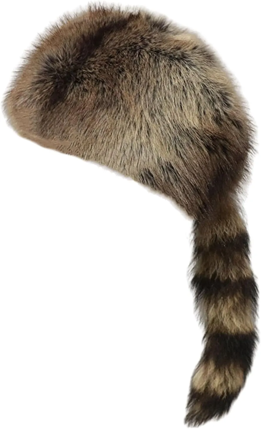 Cossack Style Faux Fur Raccoon Tail Coonskin Cap, Round Flat Top Boone Hat Raccoon Tail Hats for Winter