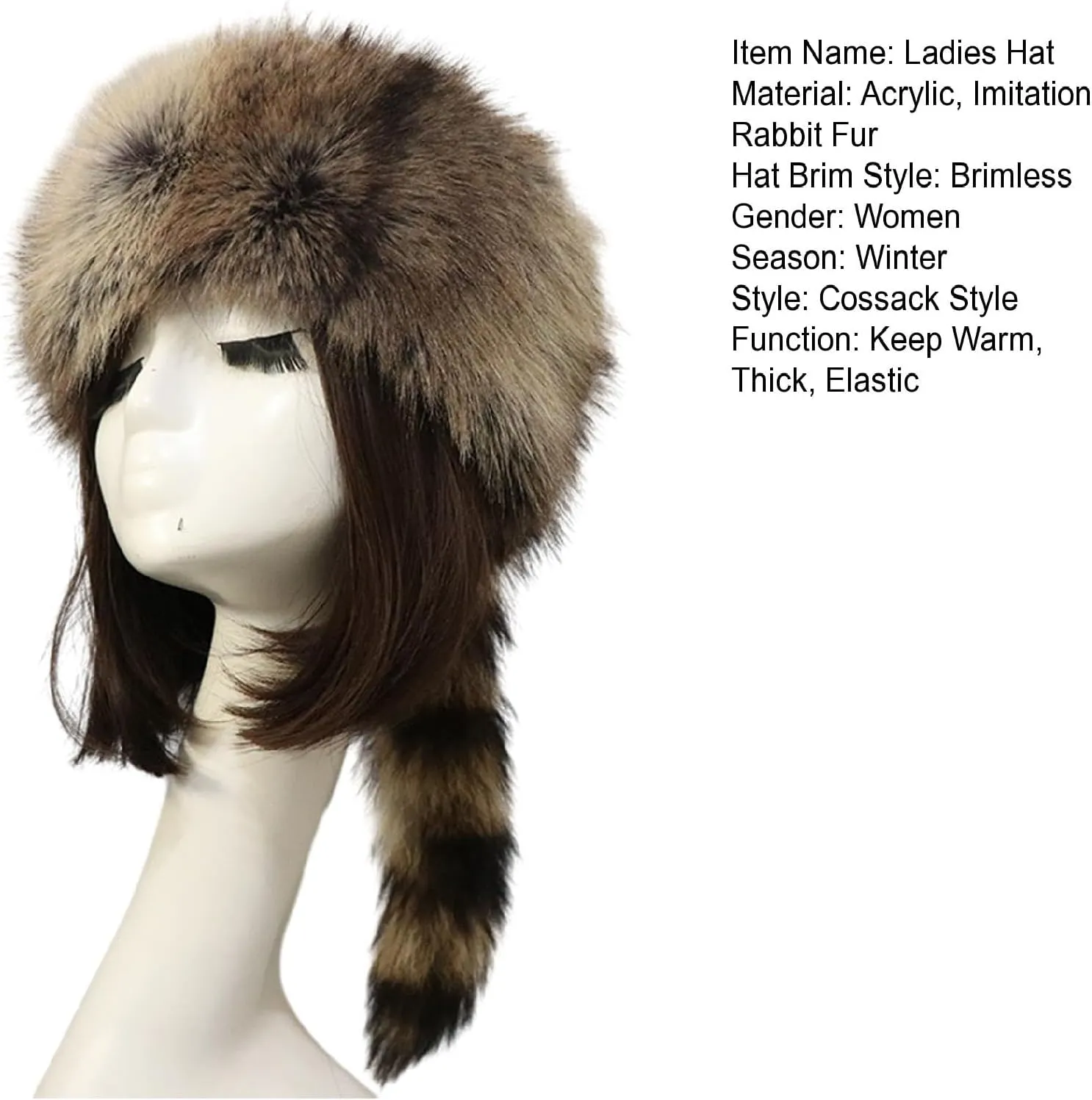 Cossack Style Faux Fur Raccoon Tail Coonskin Cap, Round Flat Top Boone Hat Raccoon Tail Hats for Winter