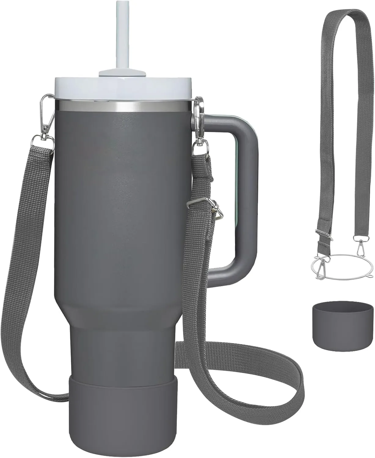 Cup Accessories Set Compatible with Stanley H2.0 & Protour 30oz 40oz, Carrier with Strap & Protective Boot, Handle Shoulder Cross Carrying Strap for Women Men (Charcoal, Fit Stanleyy 30oz)
