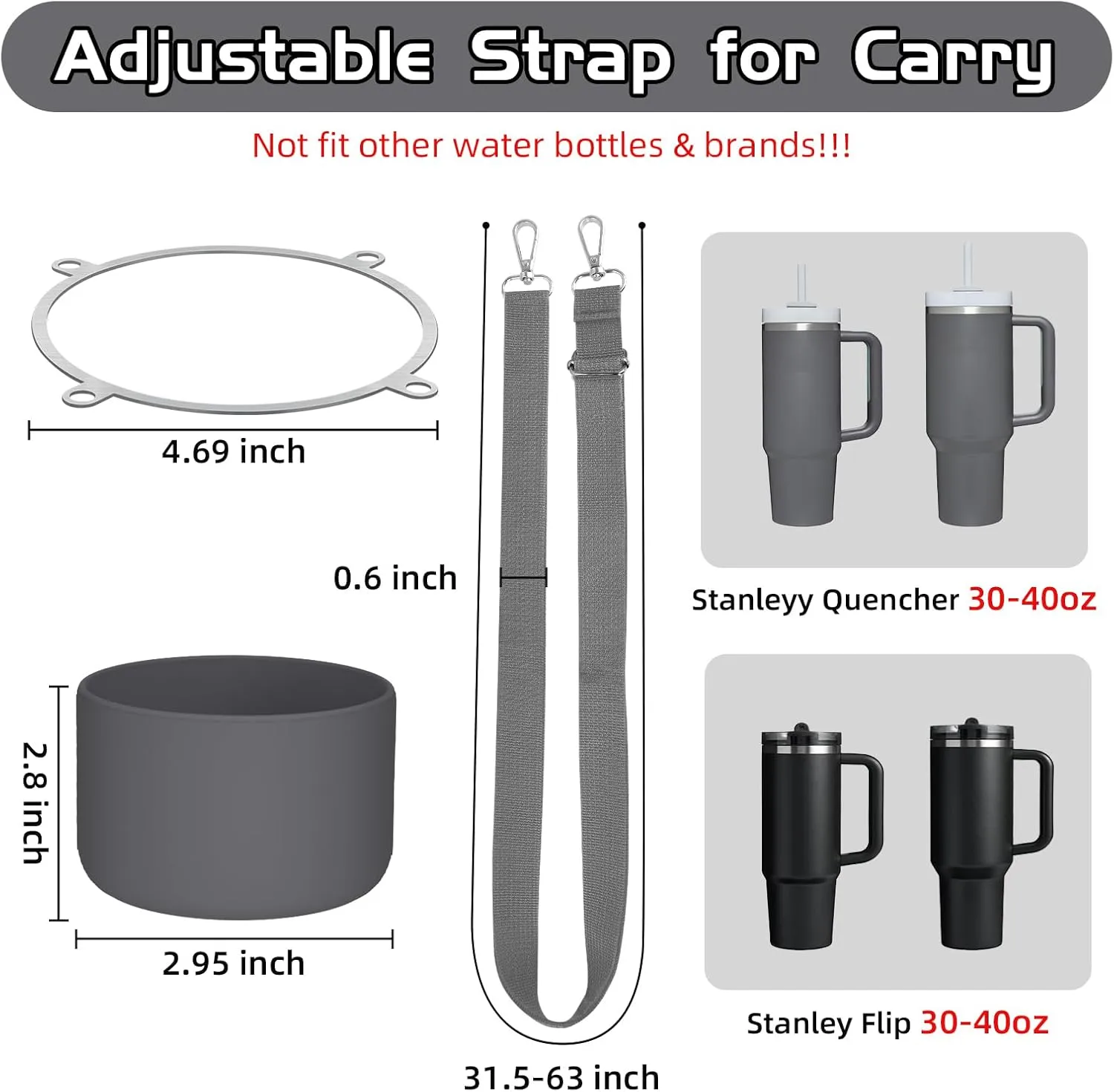 Cup Accessories Set Compatible with Stanley H2.0 & Protour 30oz 40oz, Carrier with Strap & Protective Boot, Handle Shoulder Cross Carrying Strap for Women Men (Charcoal, Fit Stanleyy 30oz)