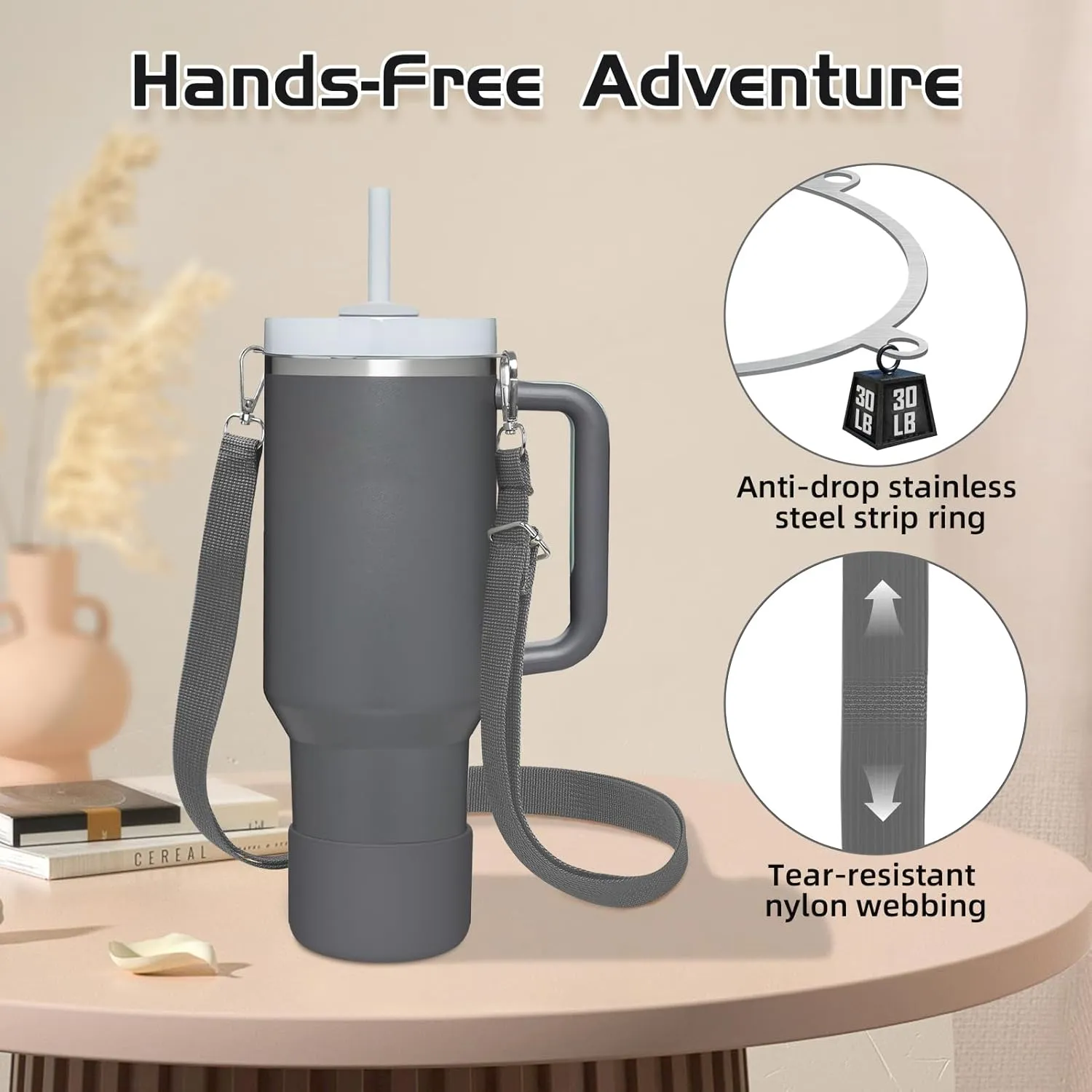 Cup Accessories Set Compatible with Stanley H2.0 & Protour 30oz 40oz, Carrier with Strap & Protective Boot, Handle Shoulder Cross Carrying Strap for Women Men (Charcoal, Fit Stanleyy 30oz)