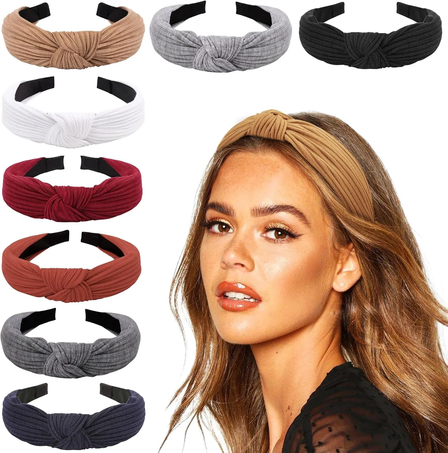 DRESHOW 8 Pack Knotted Headbands for Women Wide Turban Headband Yoga Exercise Ribbing Hair Hoop Hair Bands Accessories