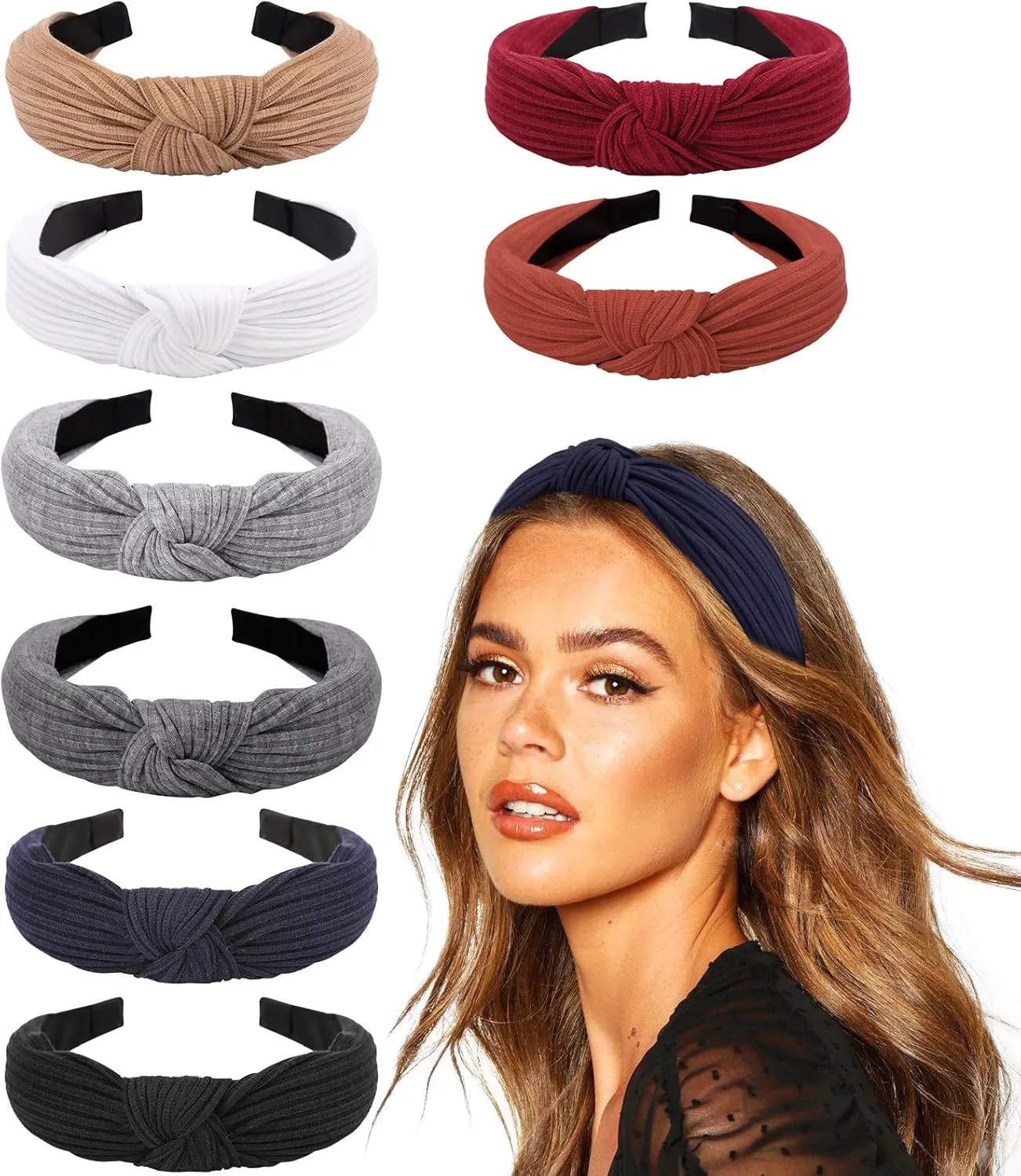 DRESHOW 8 Pack Knotted Headbands for Women Wide Turban Headband Yoga Exercise Ribbing Hair Hoop Hair Bands Accessories
