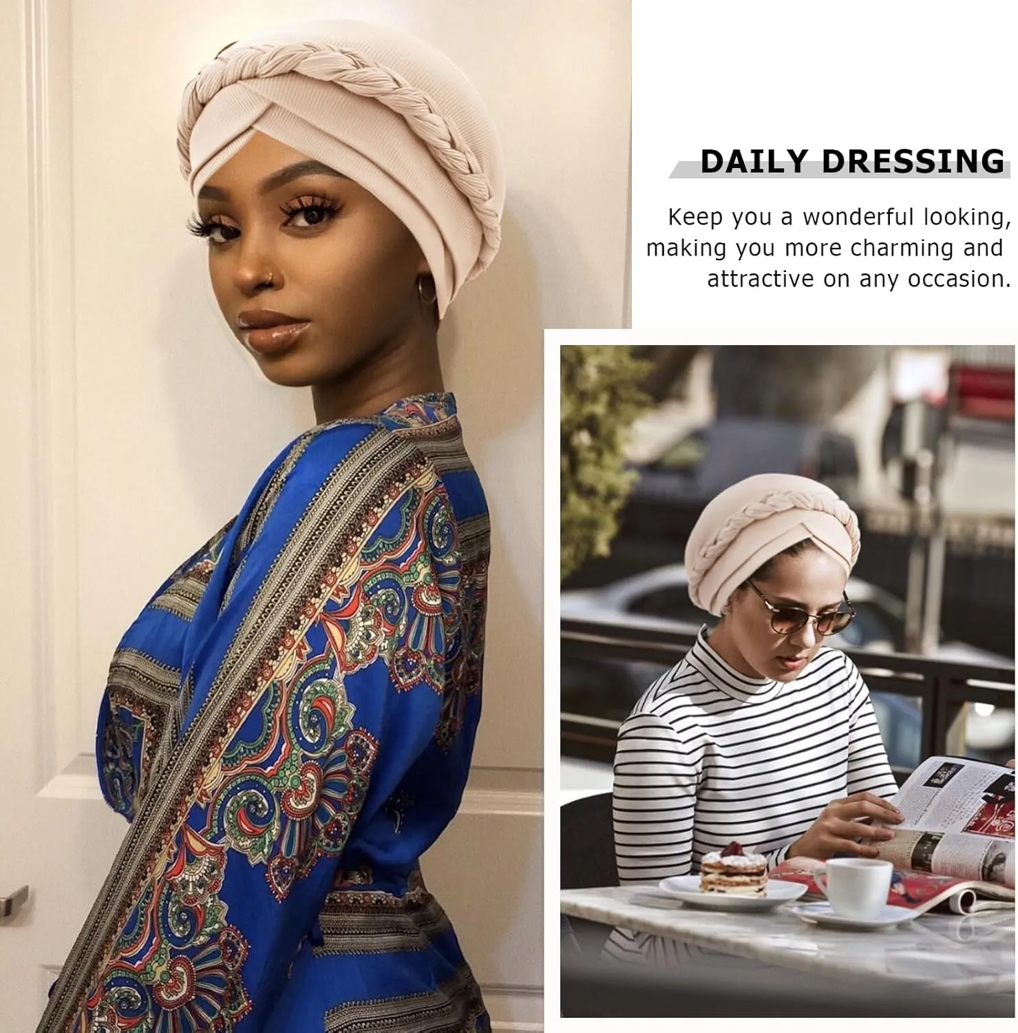 DRESHOW African Women Turban Caps Beanie Twist Headscarf Pre-Tied Double Twisted Braid Hair Cover Wrap Hat Chemo Cancer Cap