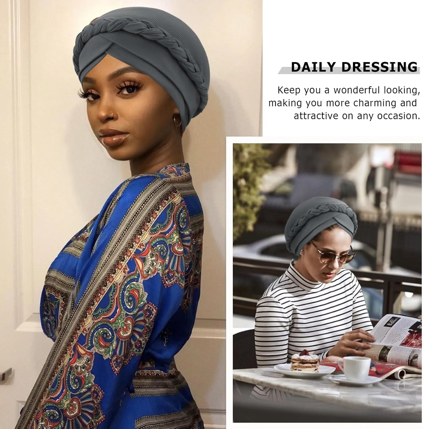 DRESHOW African Women Turban Caps Beanie Twist Headscarf Pre-Tied Double Twisted Braid Hair Cover Wrap Hat Chemo Cancer Cap