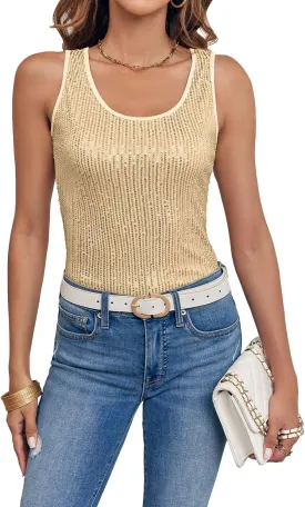 Fazortev Women's Sequin Tank Tops Sleeveless Scoop Neck Sparkly Sexy Party Camisole Vest