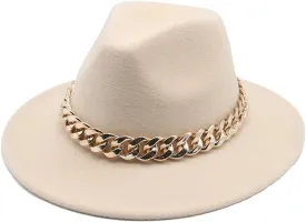 Fedora Hats Women Men Wide Brim Thick Gold Chain Band Felted Hat Jazz Cap Panama Hat Beige 52-54cm(Kids)