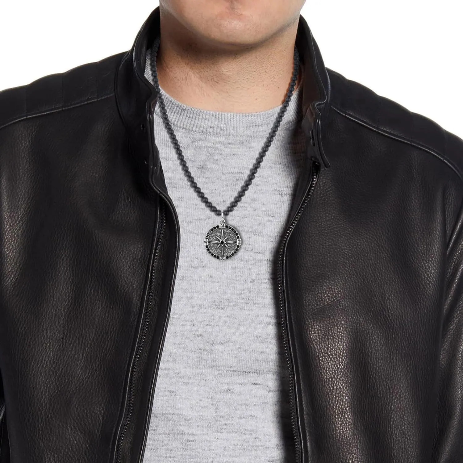 GAVU Vintage CZ Paved Compass Necklace for Men, Stainless Steel Necklace for Men20/22"/24"