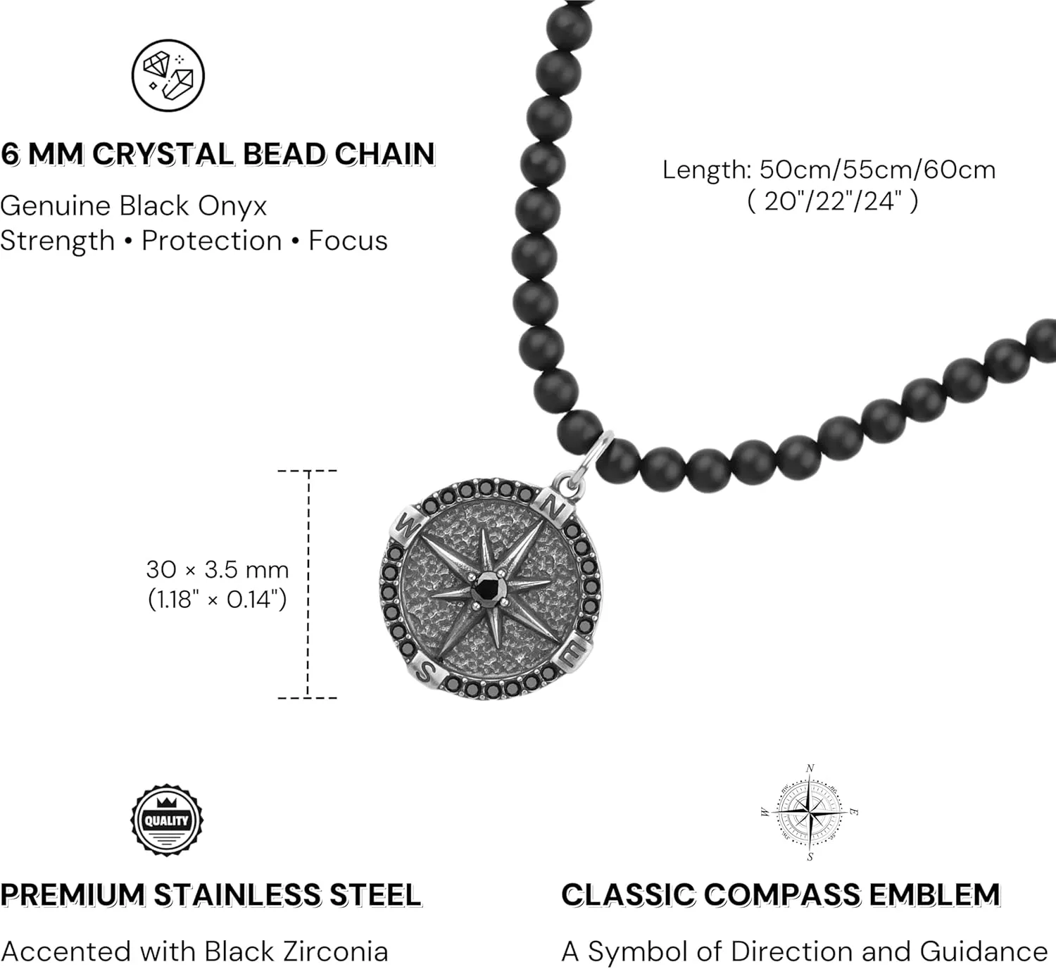 GAVU Vintage CZ Paved Compass Necklace for Men, Stainless Steel Necklace for Men20/22"/24"