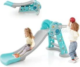GLACER 4 in 1 Toddler Slide, Folding Baby Slide with Basketball Hoop and Ball, Climbing Ladder, Freestanding Toddler Playground for Indoor and Outdoor Use, Gift for Boys Girls Over 3 Years Old (Blue)