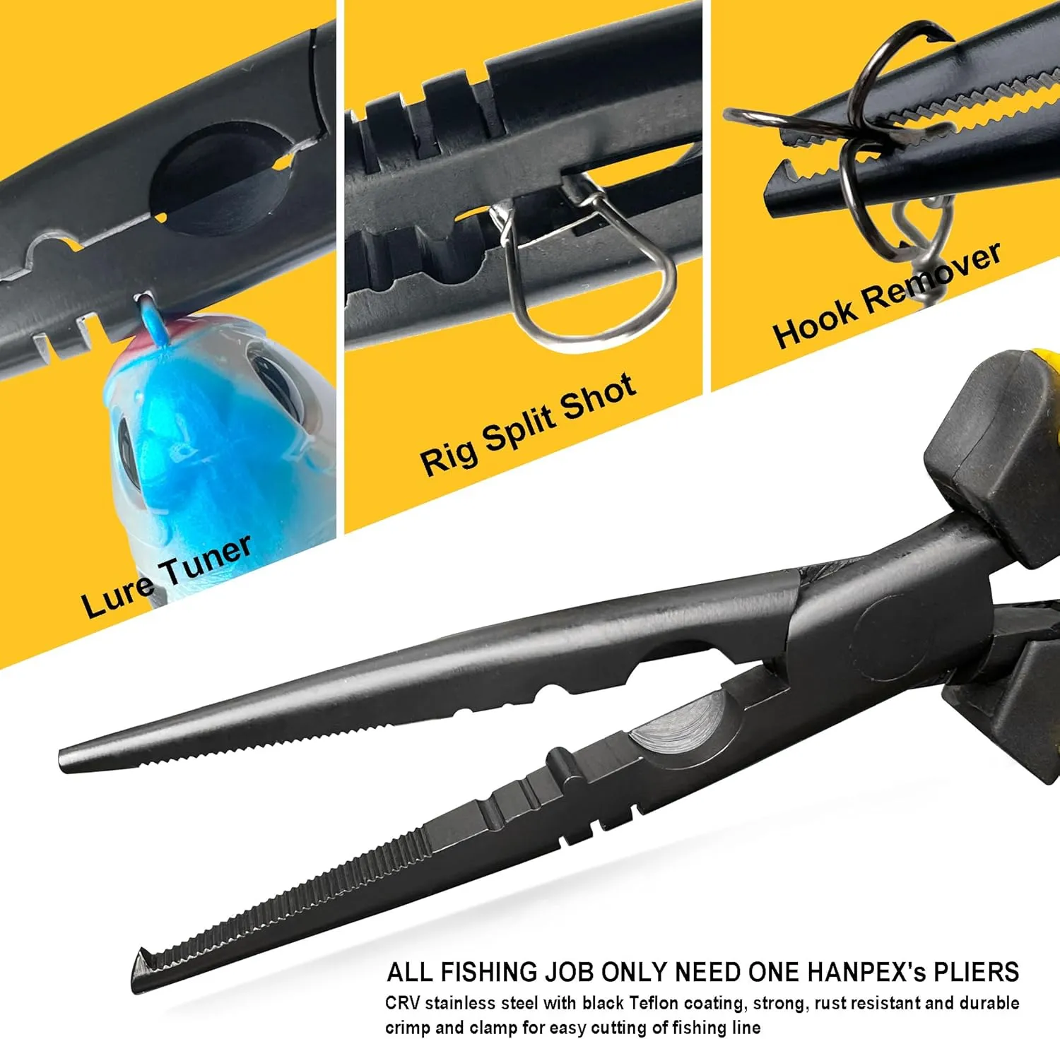 Hanpex-7 inch Fishing Pliers with Anti-rust Teflon coated, Freshwater/Saltwater Fishing Tools, Comfort Grip Handles Fishing Gear Idea for Fishing Trip