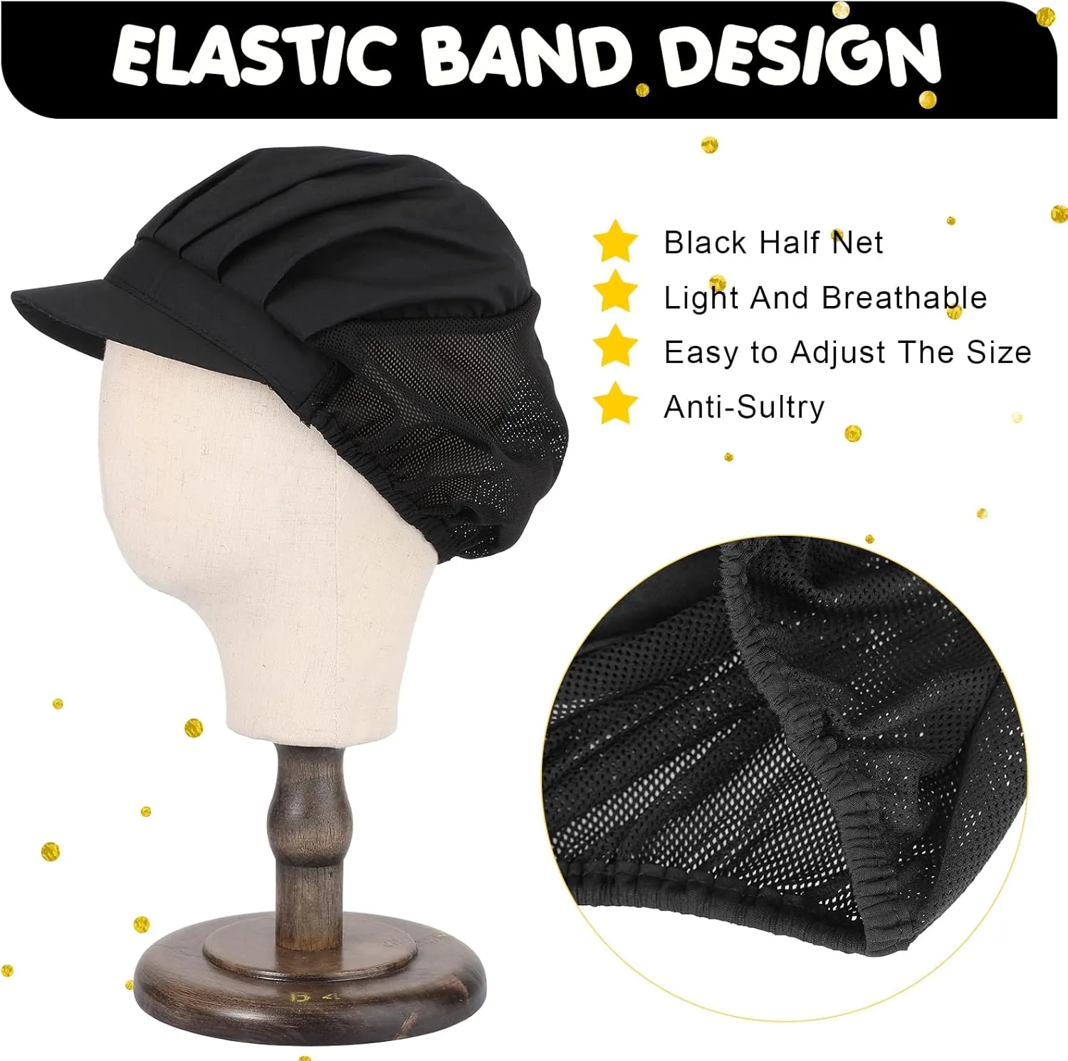 Hicarer 16 Pcs Chef Hats for Women Hair Nets Kitchen Cooking Chef Cap Adjustable Elastic Work Cap for Women Adult, Black