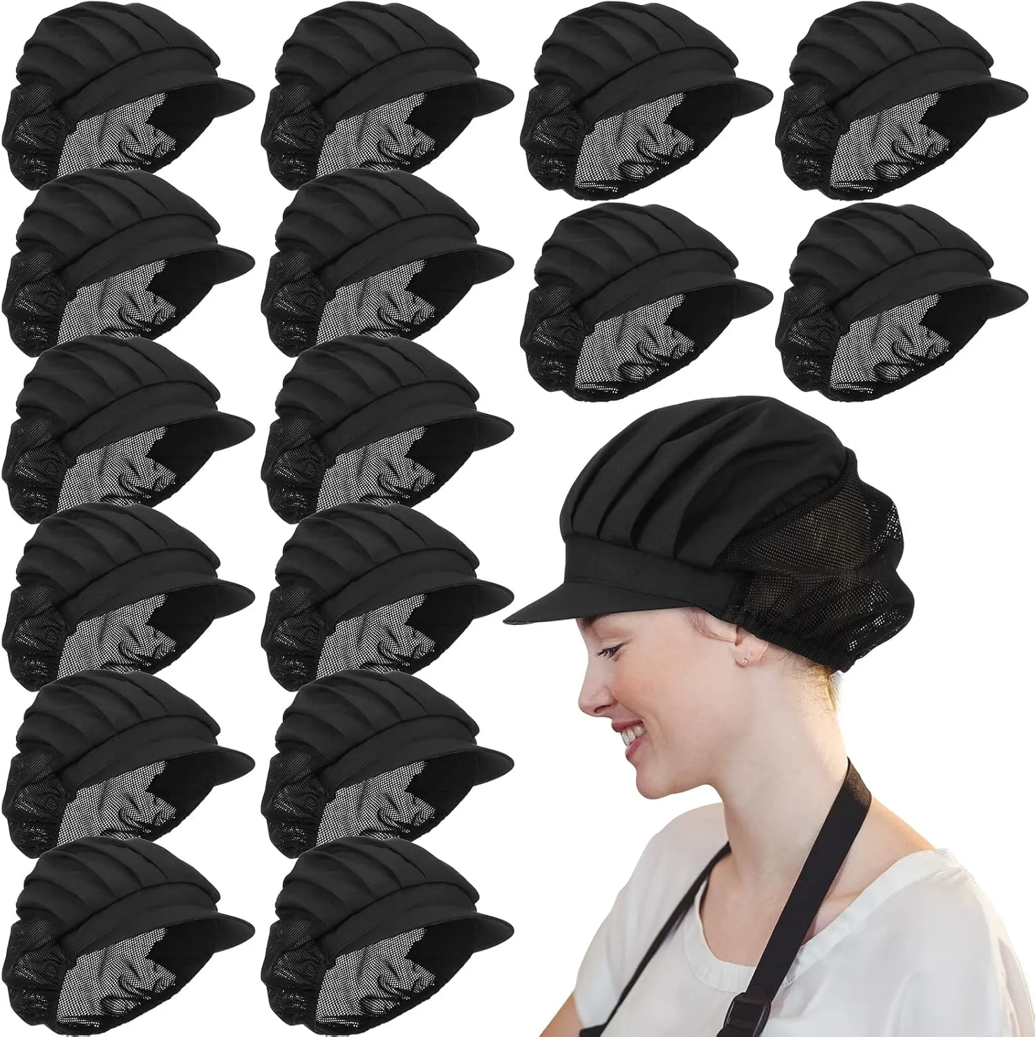 Hicarer 16 Pcs Chef Hats for Women Hair Nets Kitchen Cooking Chef Cap Adjustable Elastic Work Cap for Women Adult, Black