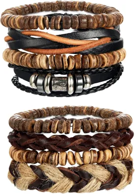 LOYALLOOK 8-34pcs Mens Leather Bracelet Wrap Cuff Bracelets with Hemp Cords Wood Beads Ethnic Tribal Believe Charm
