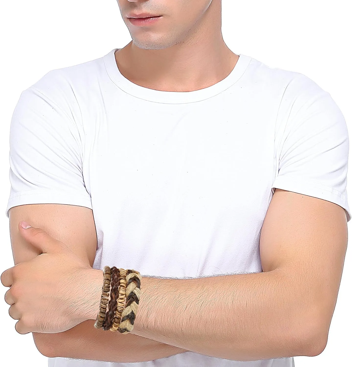LOYALLOOK 8-34pcs Mens Leather Bracelet Wrap Cuff Bracelets with Hemp Cords Wood Beads Ethnic Tribal Believe Charm