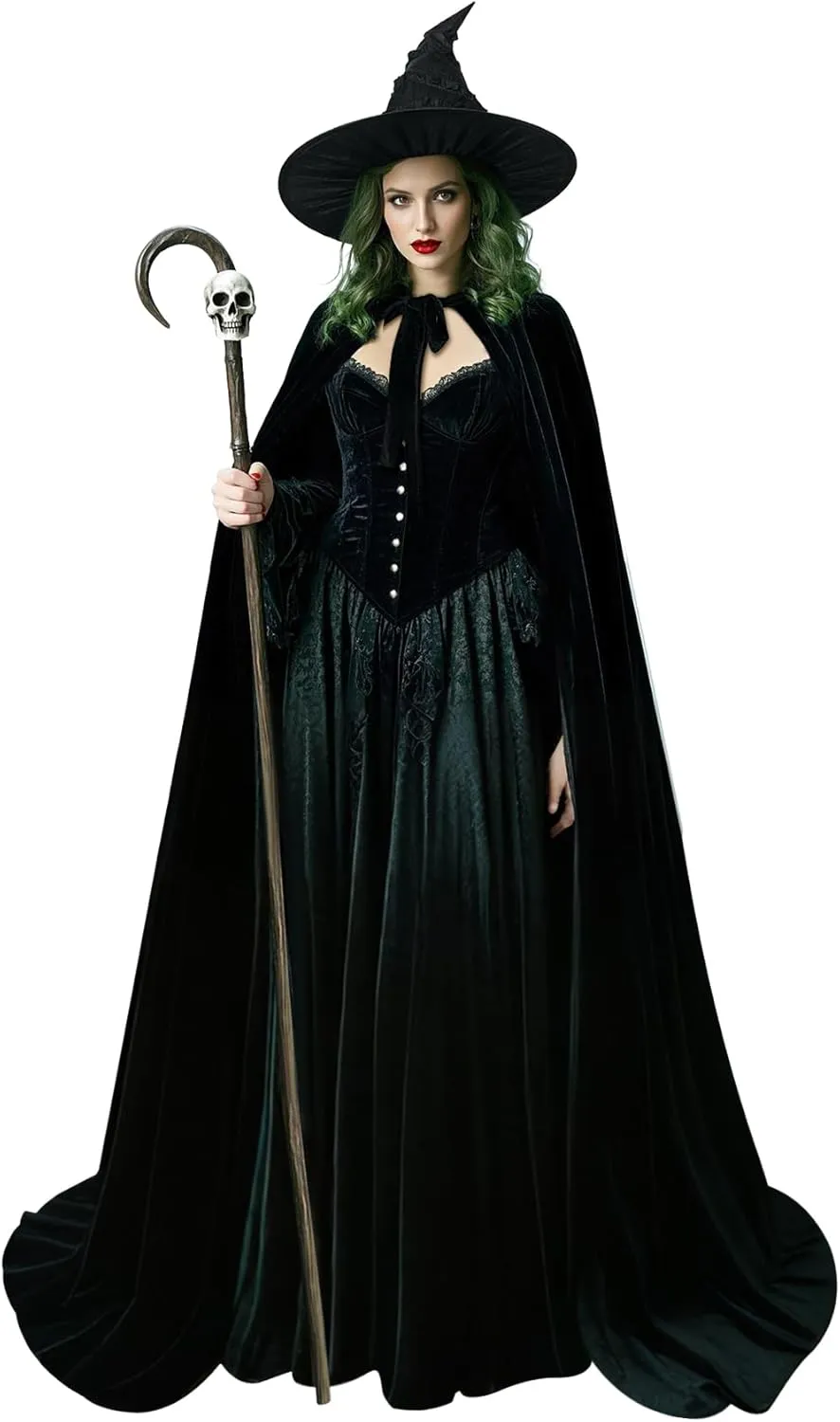 L'VOW Black Witch Hat With Velvet Cape Women Wicked Elphaba Costume Halloween Party Accessories