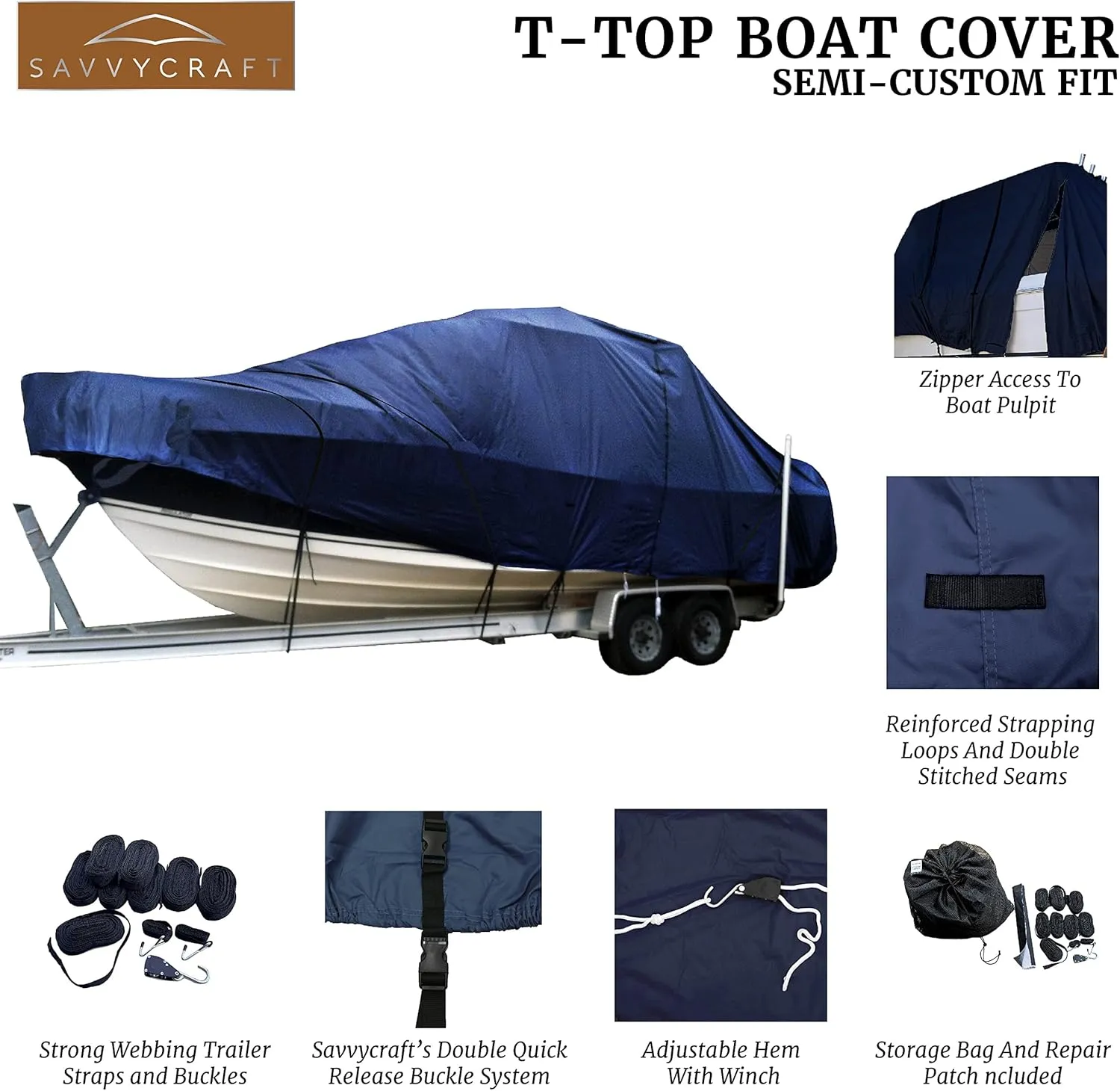 SavvyCraft Heavy Duty Hard/T-Top Boat Cover Center Console T-Top Boat Cover Navy fits up to 32ft