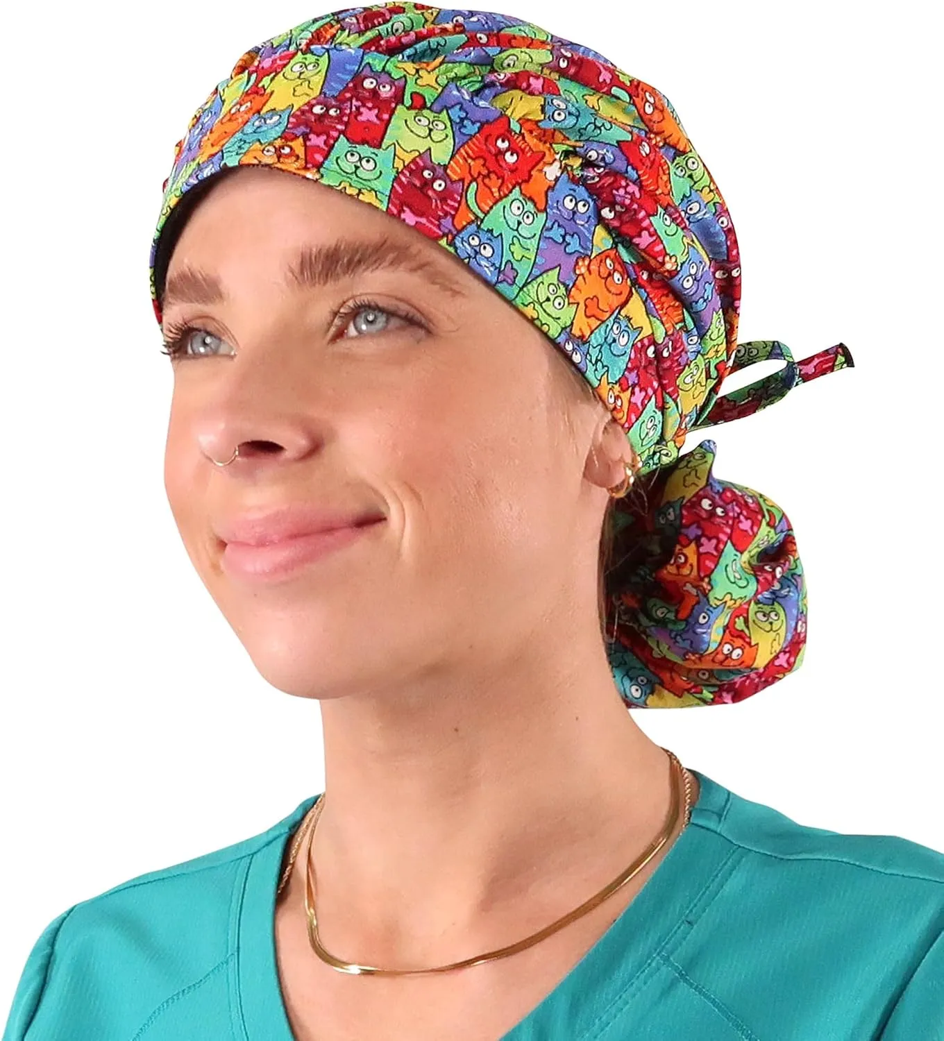 Sparkling EARTH Banded Bouffant Surgical Scrub Ponytail Working Caps - 100% Cotton - Made in The USA