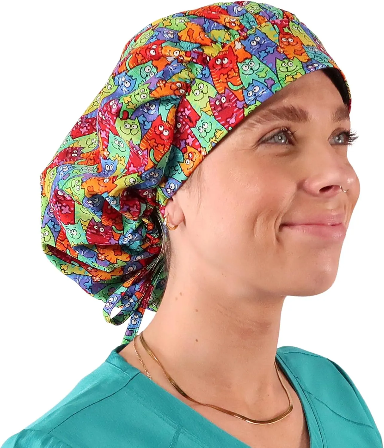 Sparkling EARTH Banded Bouffant Surgical Scrub Ponytail Working Caps - 100% Cotton - Made in The USA