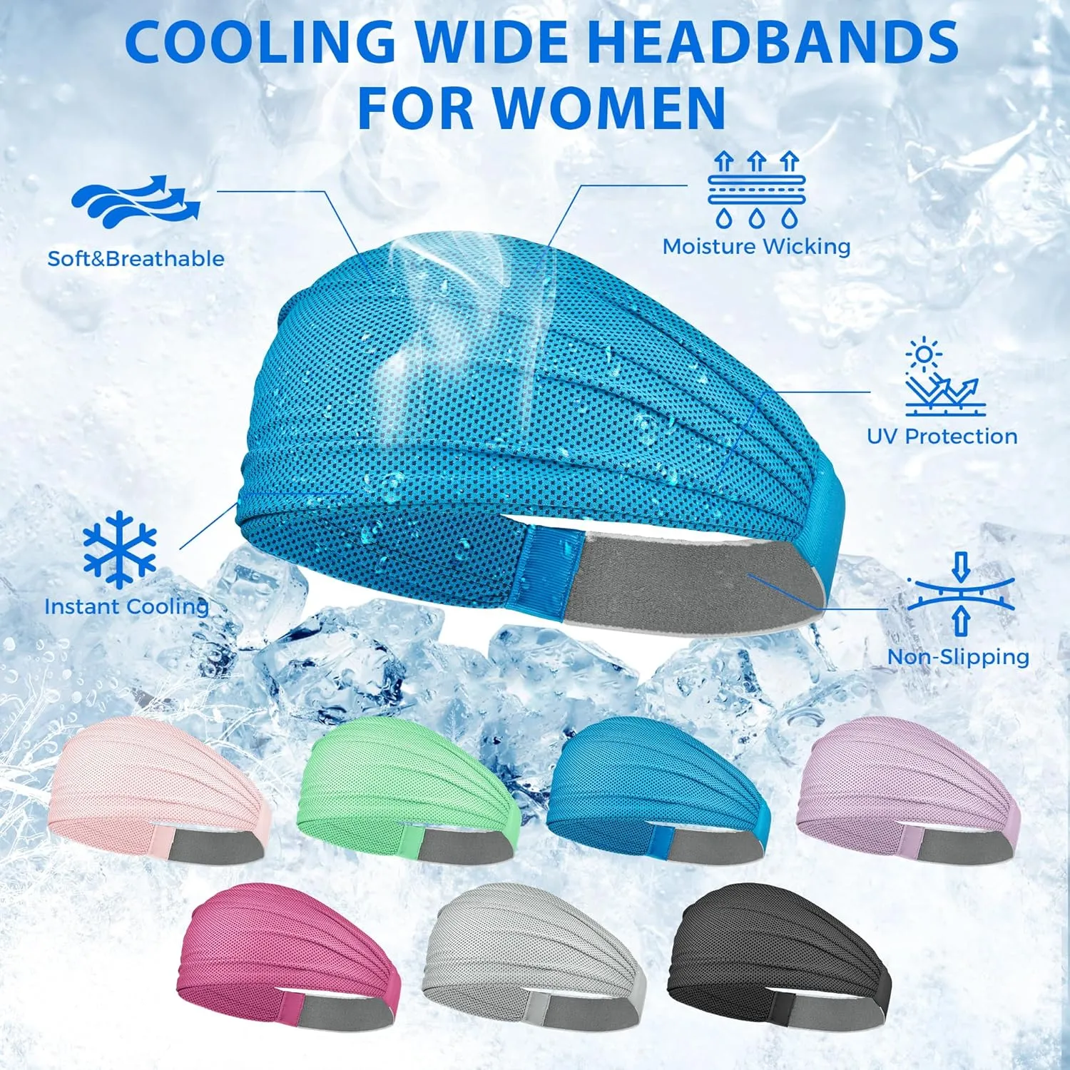 Sukeen Wide Headbands for Women, Instant Cooling Elastic Non-Slip Workout Headbands, Moisture-Wicking Sports Sweatbands for Gym, Yoga, Running, Fitness