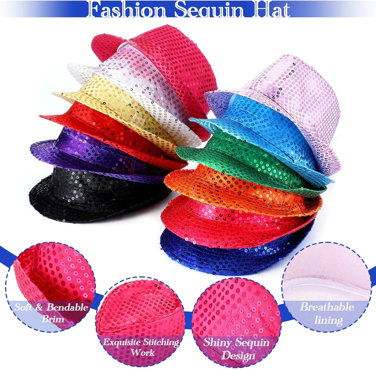 Tarpop 6 Pcs Western Sequin Hat Bling Dance Hats with Shining Sequin for Man and Women