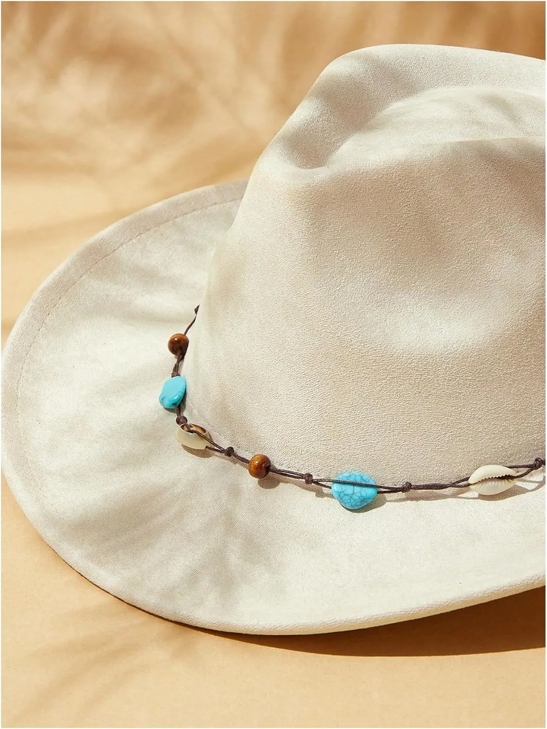 Verdusa Women's Beaded Wide Trim Cowboy Hats Boho Western Sun Hat with Shell Belt