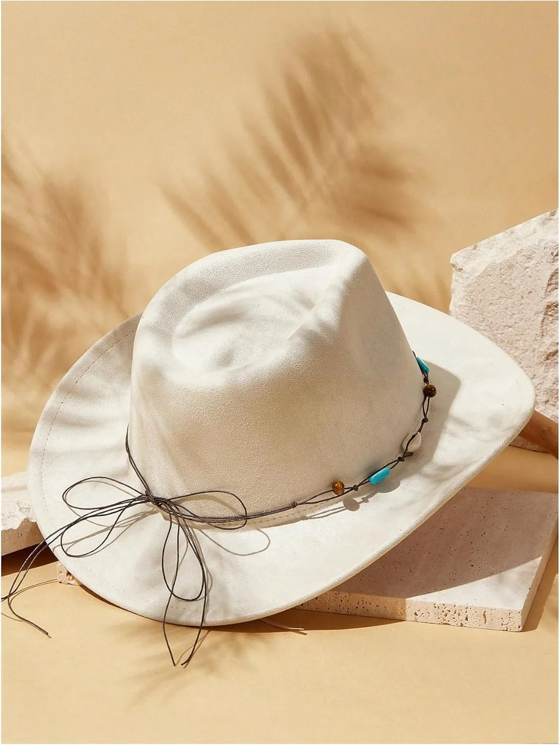 Verdusa Women's Beaded Wide Trim Cowboy Hats Boho Western Sun Hat with Shell Belt