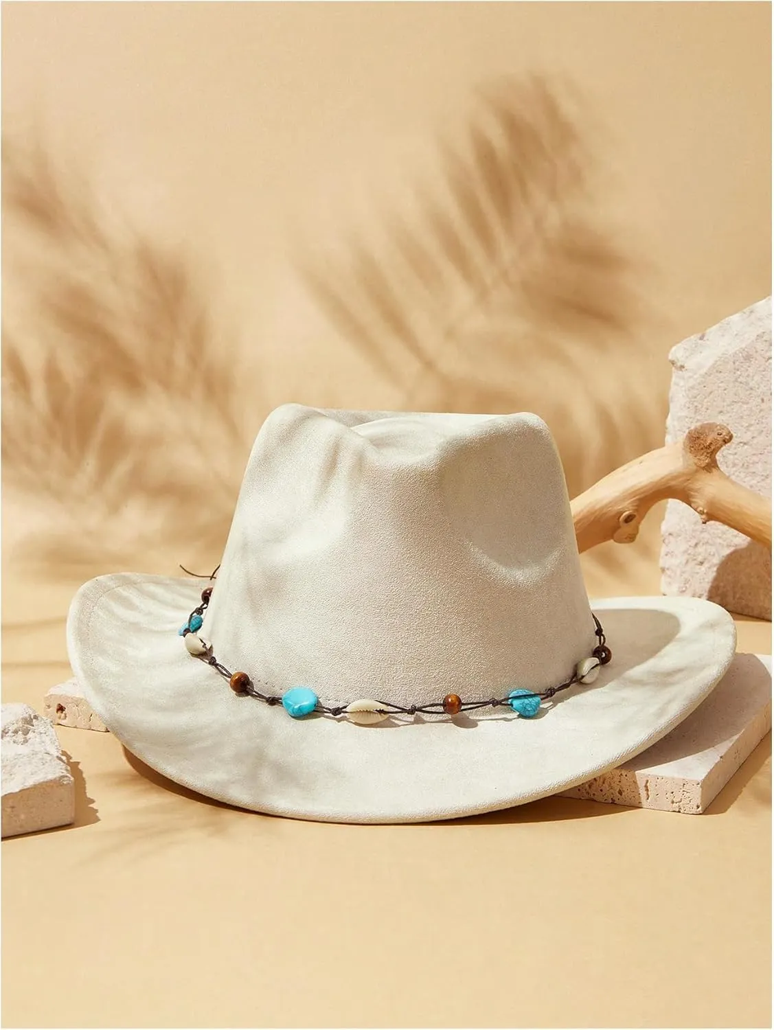Verdusa Women's Beaded Wide Trim Cowboy Hats Boho Western Sun Hat with Shell Belt