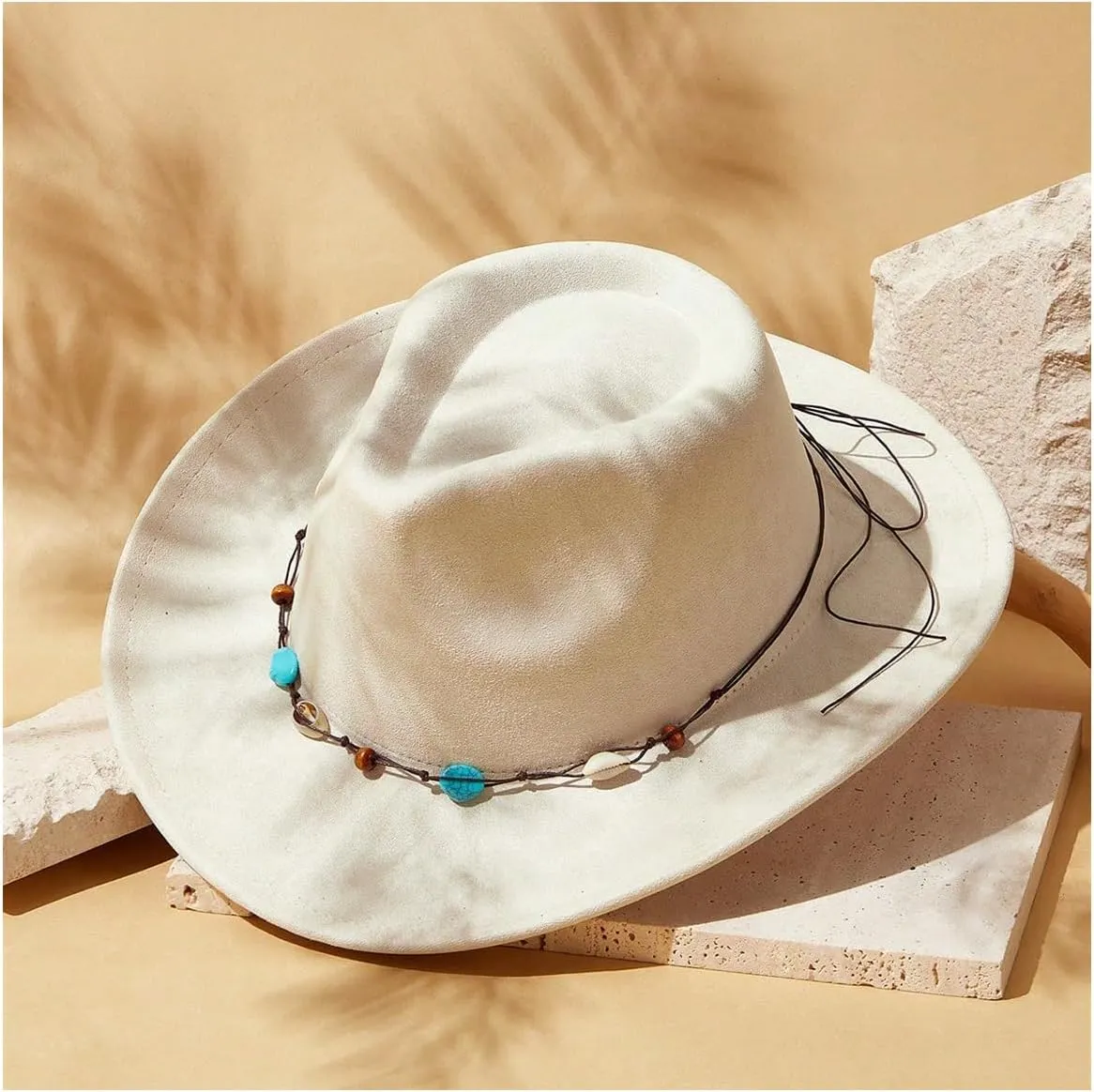 Verdusa Women's Beaded Wide Trim Cowboy Hats Boho Western Sun Hat with Shell Belt