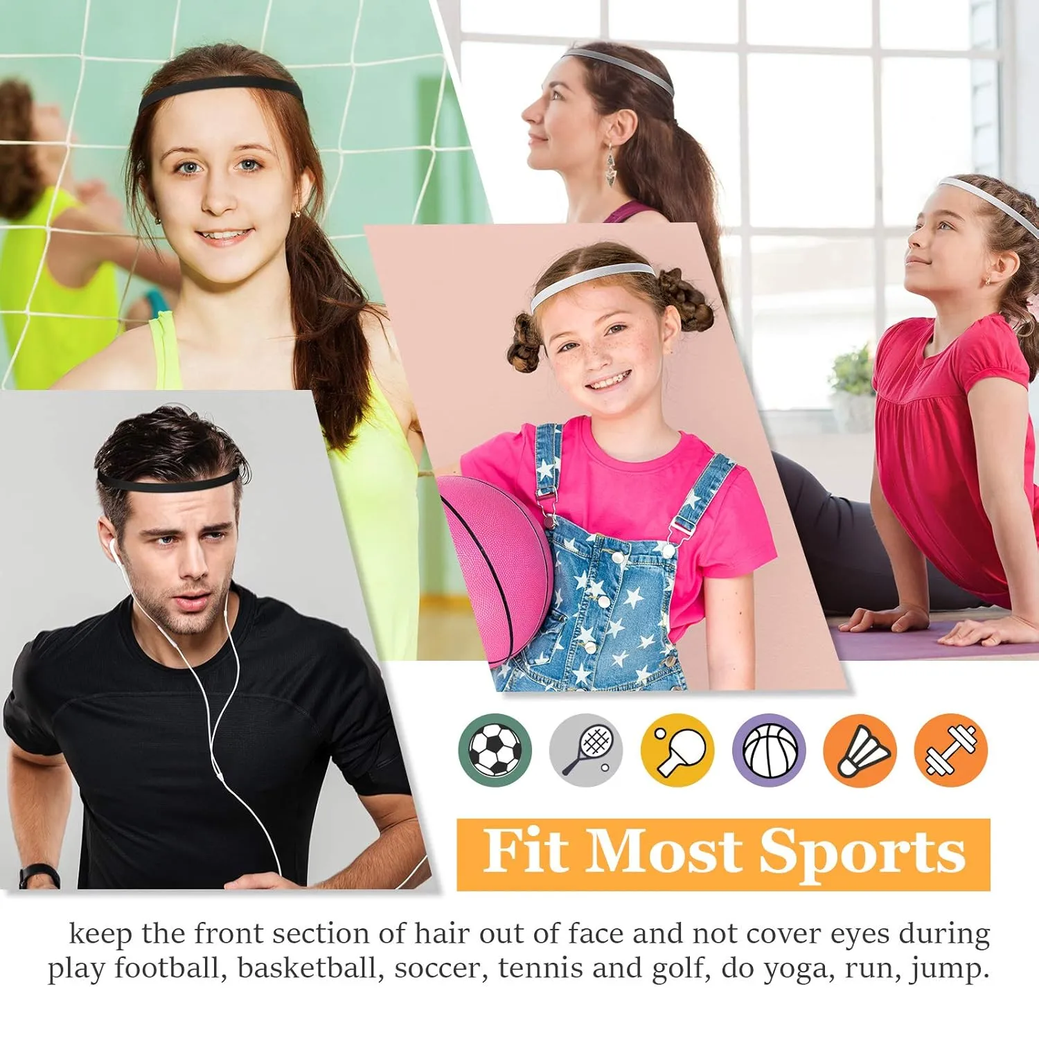 WILLBOND 12 Pieces Thin Non-Slip Elastic Sport Headbands, Hair Bands with Non Slip Silicone Grip Exercise Hair Sweatbands for Men Women Football Basketball Soccer Tennis Yoga (Black, White, Grey)