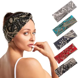 Women's Bandana Print Head bands Wide Bandana Headwraps Twist Turban Knot Sweatbands Boho Headbands Sports Head Scarfs Yoga Hair Band (5 Pack Retro Flower)