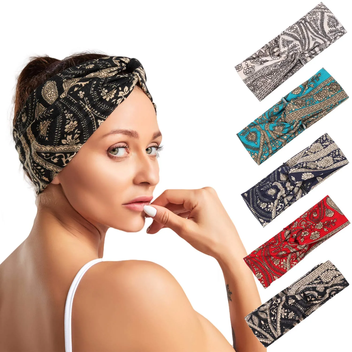Women's Bandana Print Head bands Wide Bandana Headwraps Twist Turban Knot Sweatbands Boho Headbands Sports Head Scarfs Yoga Hair Band (5 Pack Retro Flower)